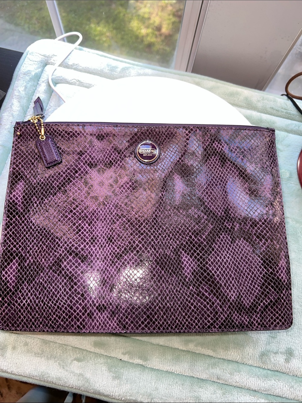 Coach Purple Embossed Snakeskin Leather Wristlet Clutch